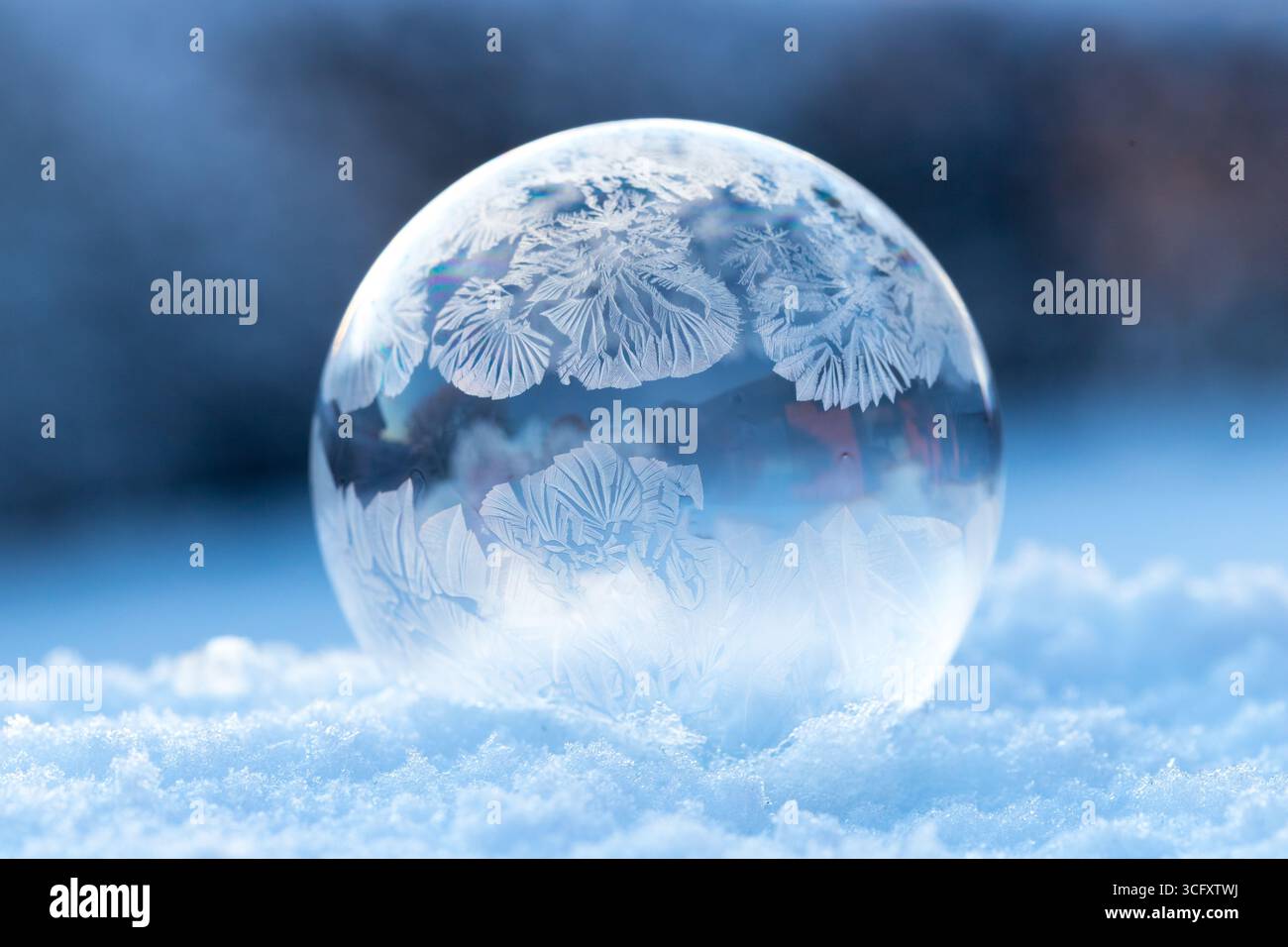 Bolla di sapone congelato sulla neve, magia invernale della bolla di sapone congelato con splendidi cristalli di ghiaccio in una sfera perfetta sulla neve con sfondo sfocato Foto Stock