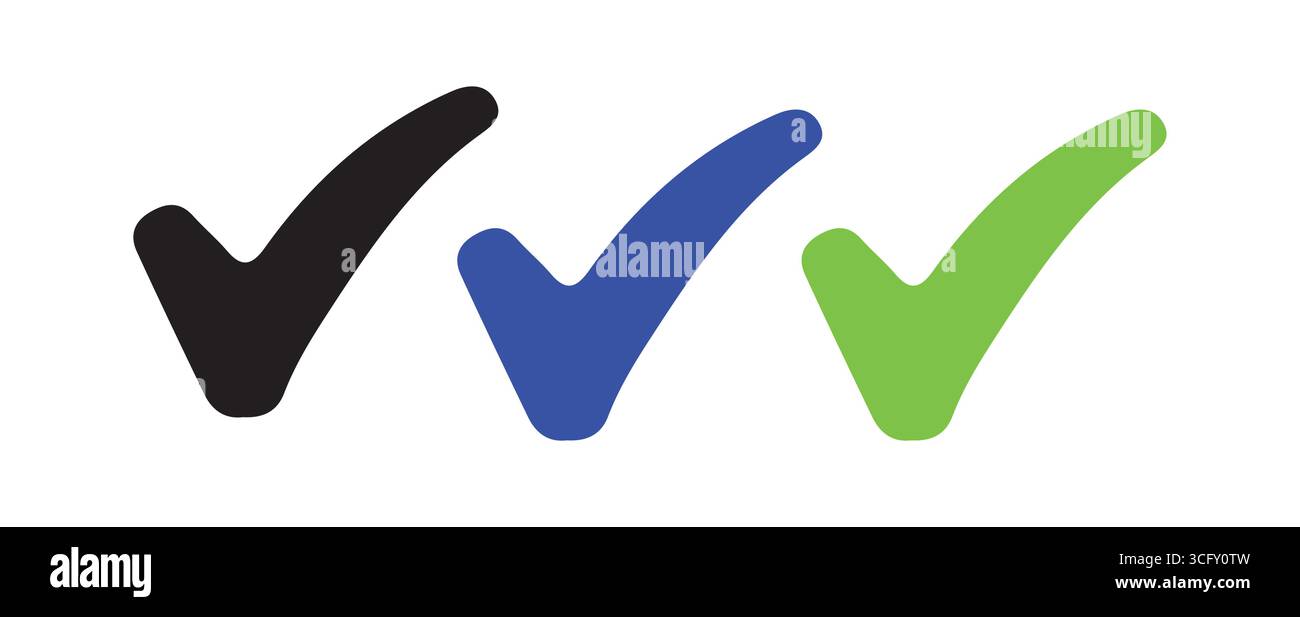 Icone dei segni di spunta scudo Trio in nero, blu e verde Illustrazione Vettoriale