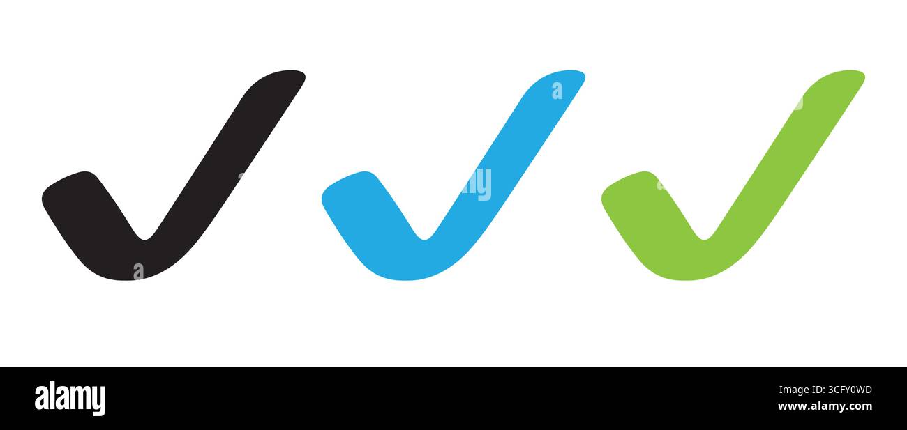 Icone dei segni di spunta scudo Trio in nero, blu e verde Illustrazione Vettoriale