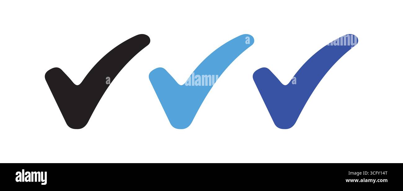 Icone dei segni di spunta scudo Trio in nero, blu e verde Illustrazione Vettoriale