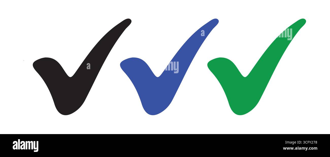Icone dei segni di spunta scudo Trio in nero, blu e verde Illustrazione Vettoriale