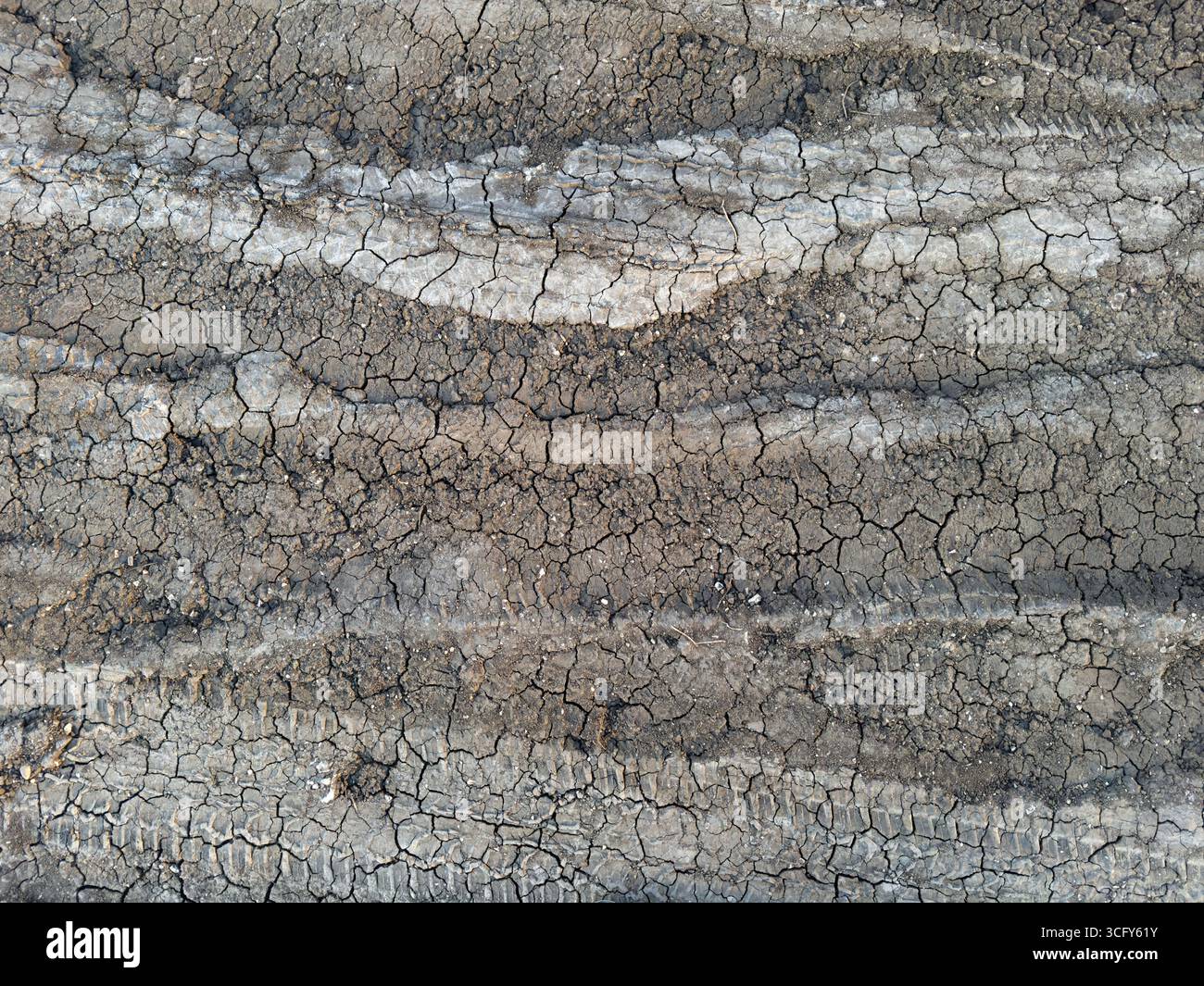 Vista ravvicinata che mostra il terreno secco e incrinato, caratterizzato da vivaci tracce di pneumatici, che rappresentano i climi aridi e l'impatto delle attività umane sulle terre naturali Foto Stock