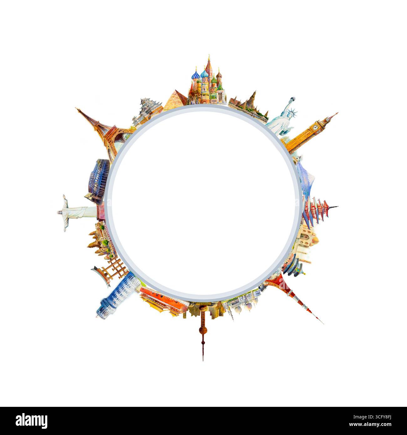 Famosi luoghi di interesse del mondo situati in tutto il mondo isolati su sfondo bianco. Design luminoso e colorato per viaggi e turismo con spazio fotocopie. Disegna a mano Foto Stock