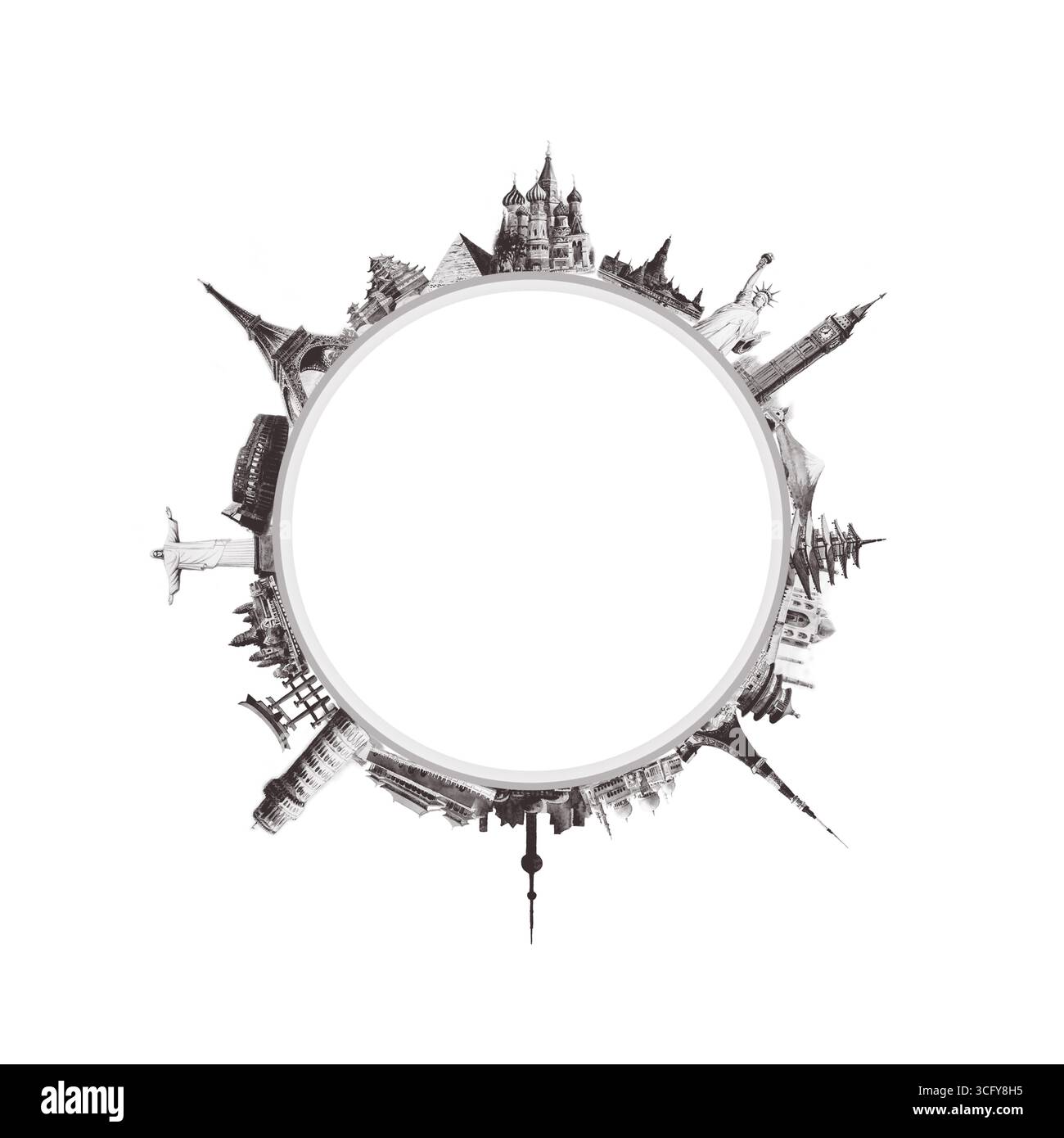 Famosi luoghi di interesse del mondo situati in tutto il mondo isolati su sfondo bianco. Design in bianco e nero per viaggi e turismo con spazio fotocopie. Han Foto Stock