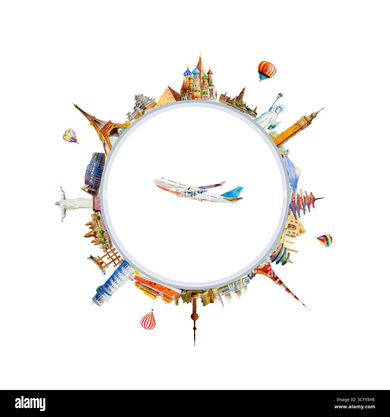 Famosi luoghi di interesse del mondo situati in tutto il mondo isolati su sfondo bianco. Design colorato per viaggi e turismo con aeroplano e spazio copia. Mano d Foto Stock