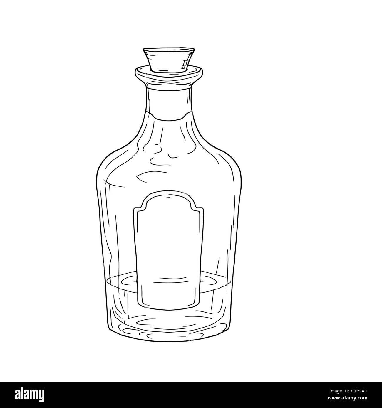 Flacone in vetro con sughero ed etichetta, inchiostro nero e bianco. Illustrazione vettoriale. Bottiglia di vino, whiskey o scotch, isolata su sfondo bianco. Per un Illustrazione Vettoriale