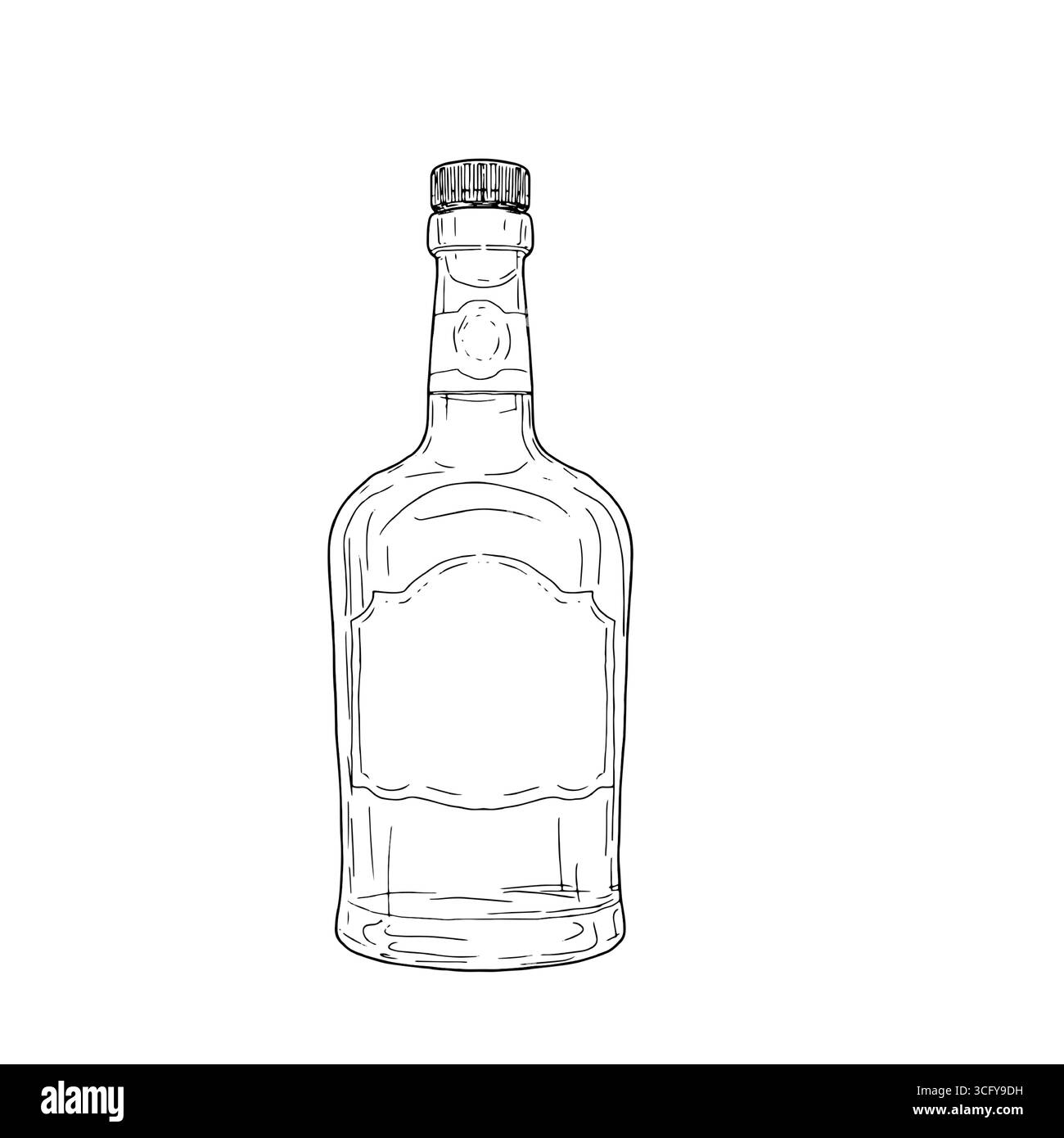 Flacone in vetro con sughero ed etichetta, inchiostro nero e bianco. Illustrazione vettoriale. Bottiglia di vino, whiskey o scotch, isolata su sfondo bianco. Per un Illustrazione Vettoriale