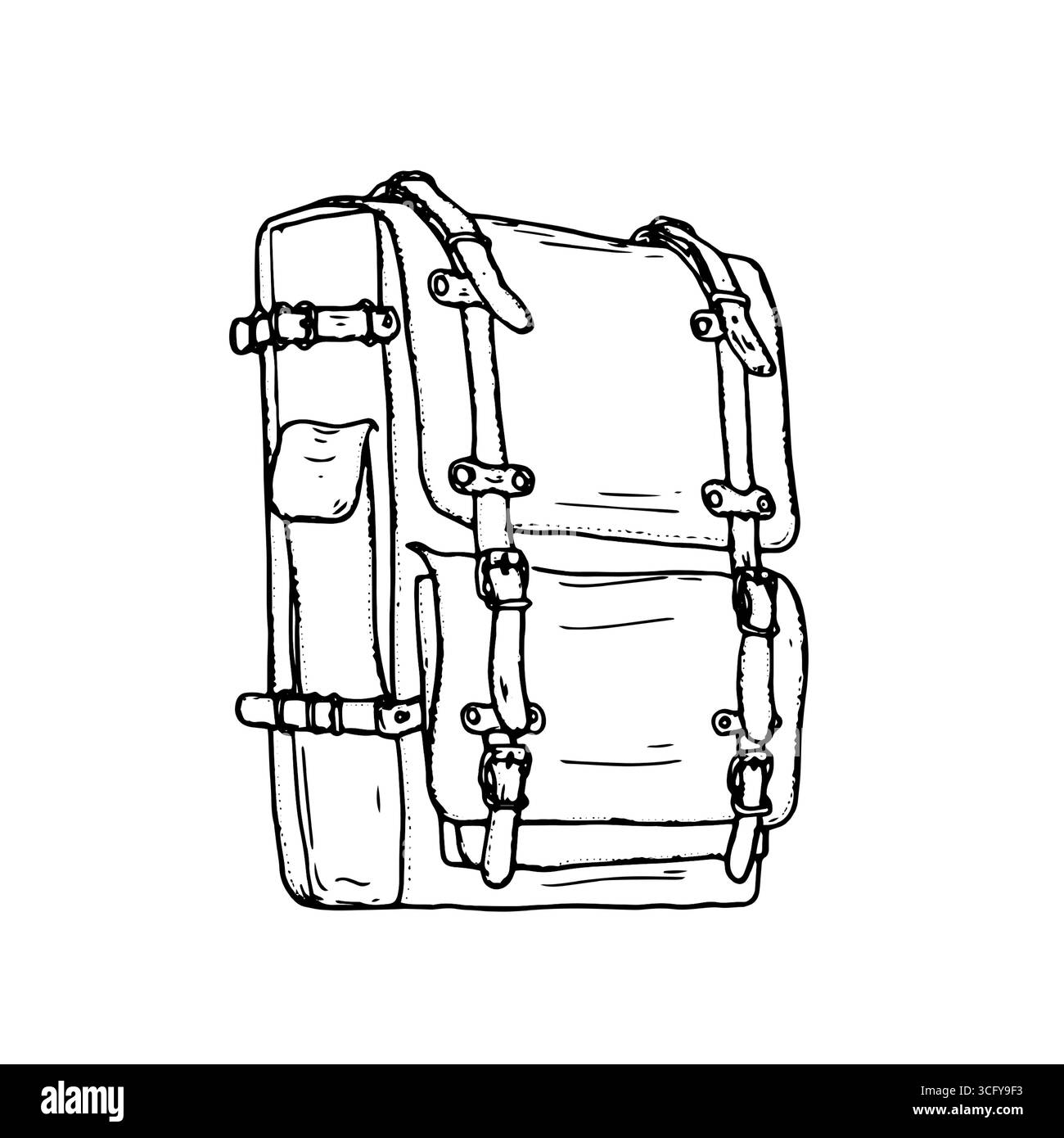 Zaino da trekking con tasche e spalline, schizzo a inchiostro bianco e nero. Illustrazione vettoriale. Il sacchetto è un sacchetto isolato su sfondo bianco. Per busine Illustrazione Vettoriale