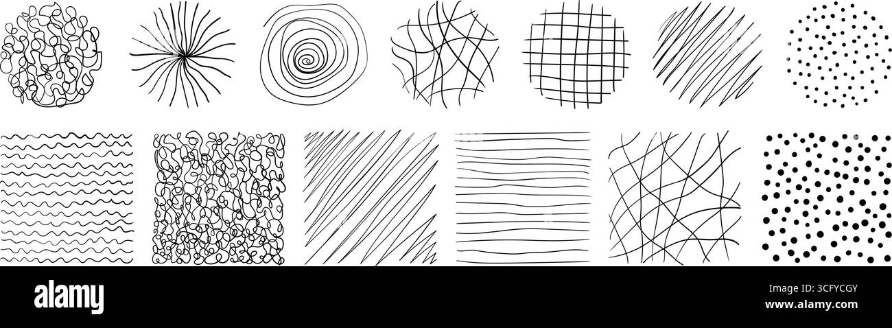 Set di vettori di trame di schizzo disegnate a mano. Elementi di design astratti di forma quadrata e circolare organica Illustrazione Vettoriale