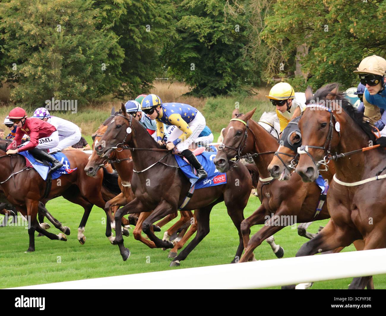 I corridori gareggiano nello Sky Bet Ebor handicap, vinto da Ethical Diamond, all'ippodromo di York, 23 agosto 2025. Foto Stock