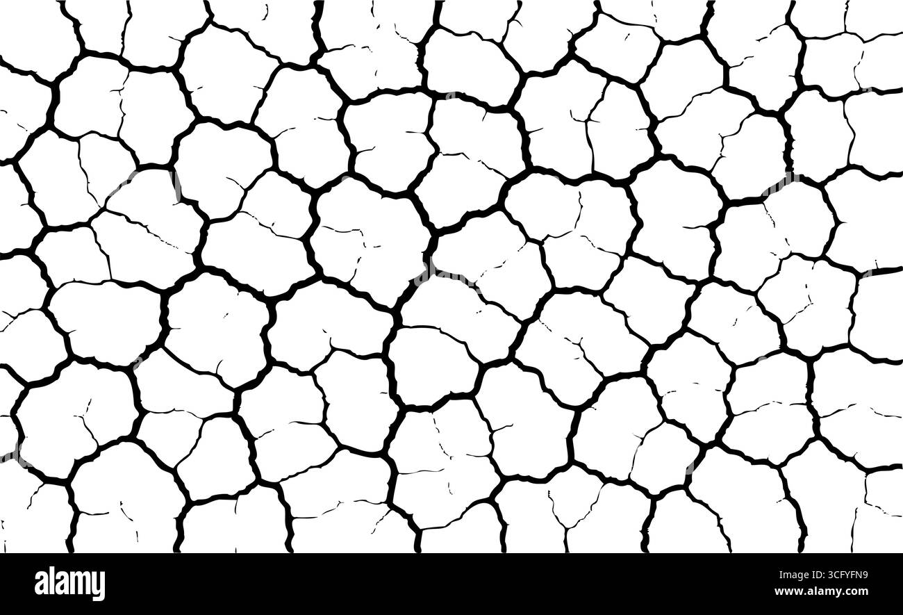 Struttura della terra incrinata, gocciolamento di terreno secco. Vista dall'alto sfondo terremoto crack Land. Superficie fangosa, struttura incrinata. Sfondo vettoriale. Illustrazione Vettoriale