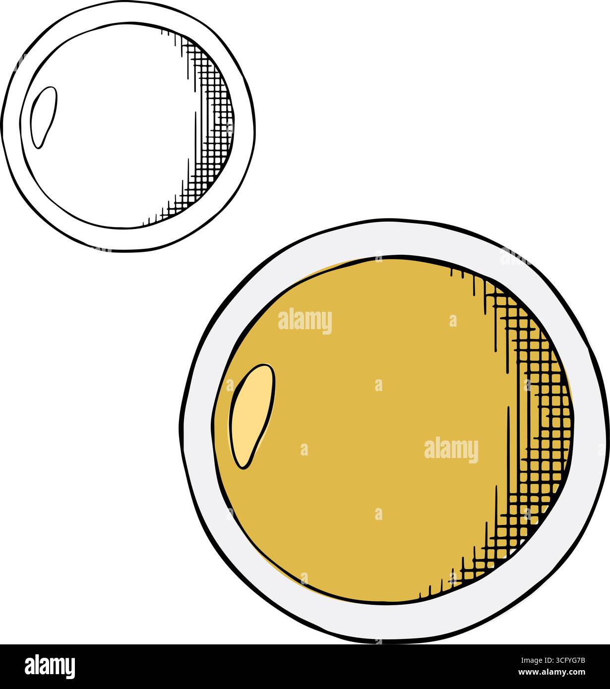 Ciotola dell'olio d'oliva colorata isolata. Illustrazione dell'inchiostro con linee grafiche vettoriali. oliare in un recipiente per salsa rotondo. Firma silhouette per logo, stampa, fumetti, moda, po Illustrazione Vettoriale
