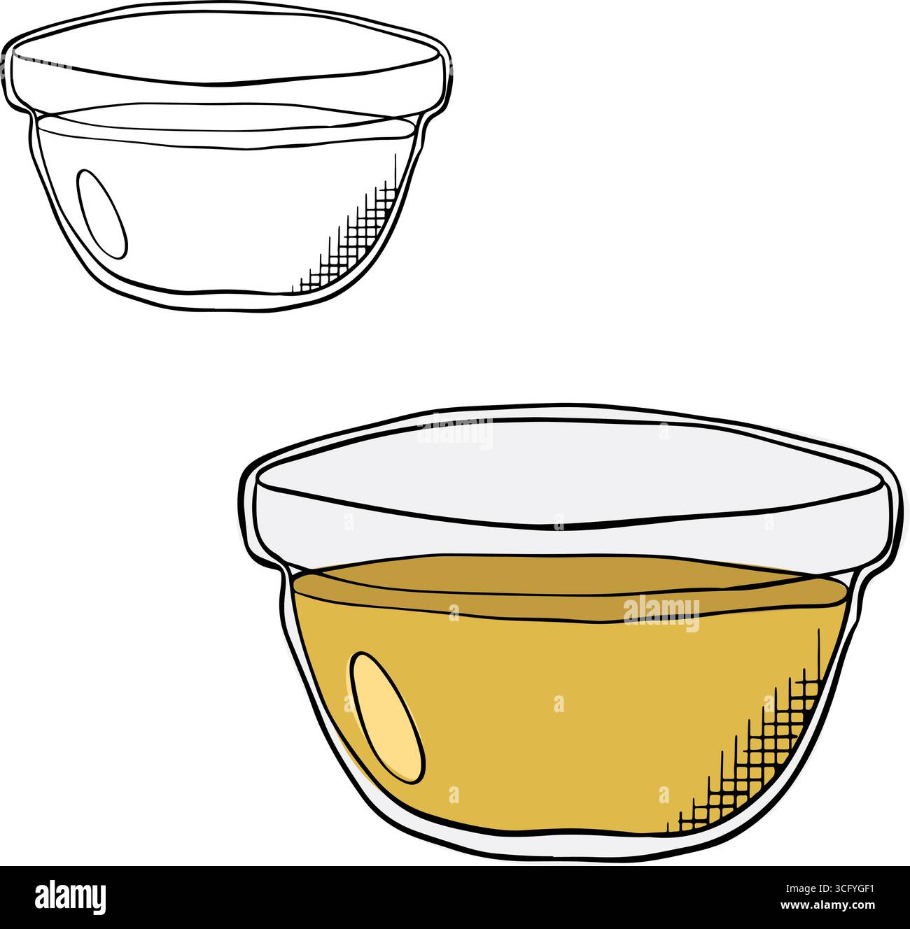 Ciotola dell'olio d'oliva colorata isolata. Illustrazione dell'inchiostro con linee grafiche vettoriali. oliare in un set di ciotola per salsa rotonda. Miele liquido giallo isolato su sfondo bianco Illustrazione Vettoriale
