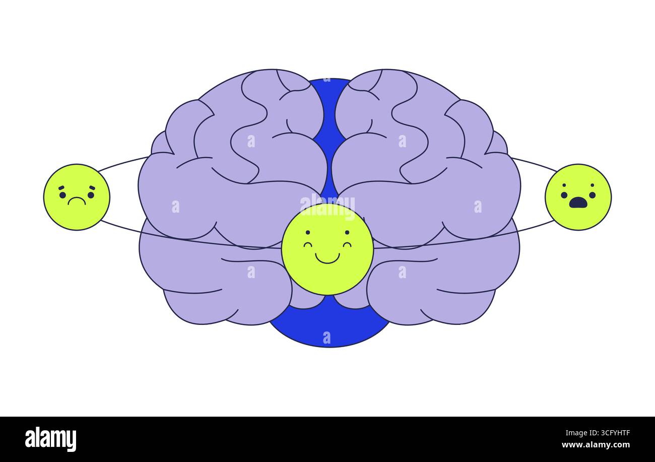 Cervello EQ con oggetto cartoon 2D Emotions orbitante Illustrazione Vettoriale
