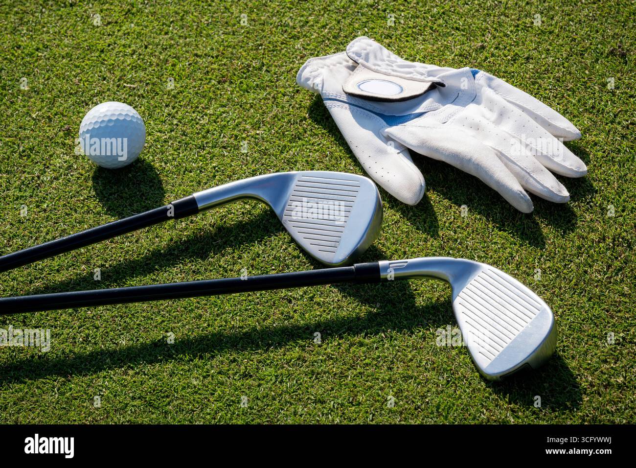 Mazze da golf, palla e guanto si trovano sull'erba verde di un campo da golf Foto Stock