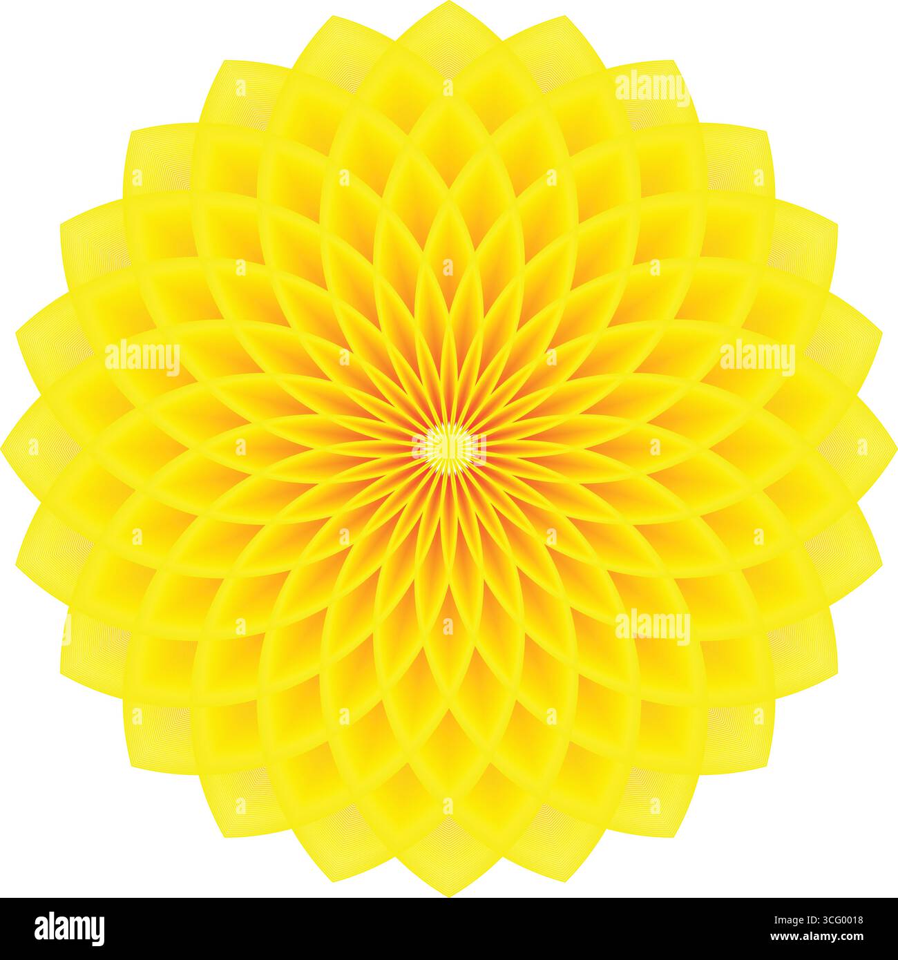 Mandala radiale giallo brillante con intricati motivi geometrici e un centro arancione ardente evoca energia e calore Illustrazione Vettoriale