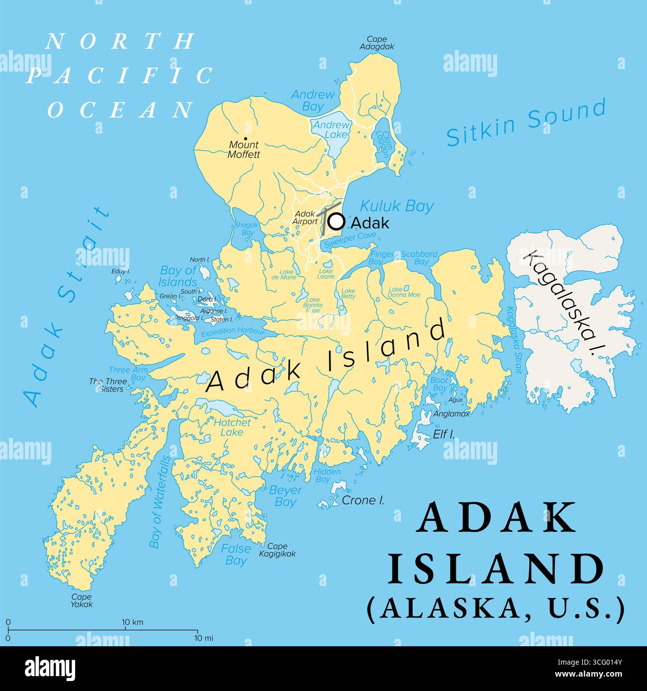 Adak Island, Alaska, Stati Uniti, mappa politica. Anche l'isola padre, un'isola delle isole Andreanof, che fa parte delle Isole Aleutine. Foto Stock