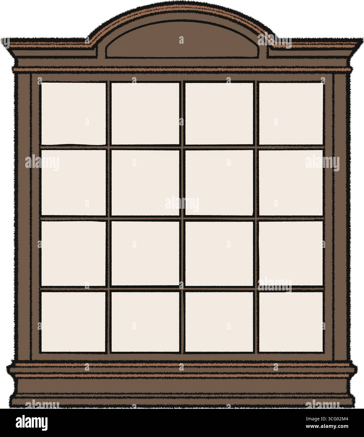 Una classica finestra incorniciata in legno con una corona ad arco e ripiani a griglia ben presentati davanti. Illustrazione Vettoriale