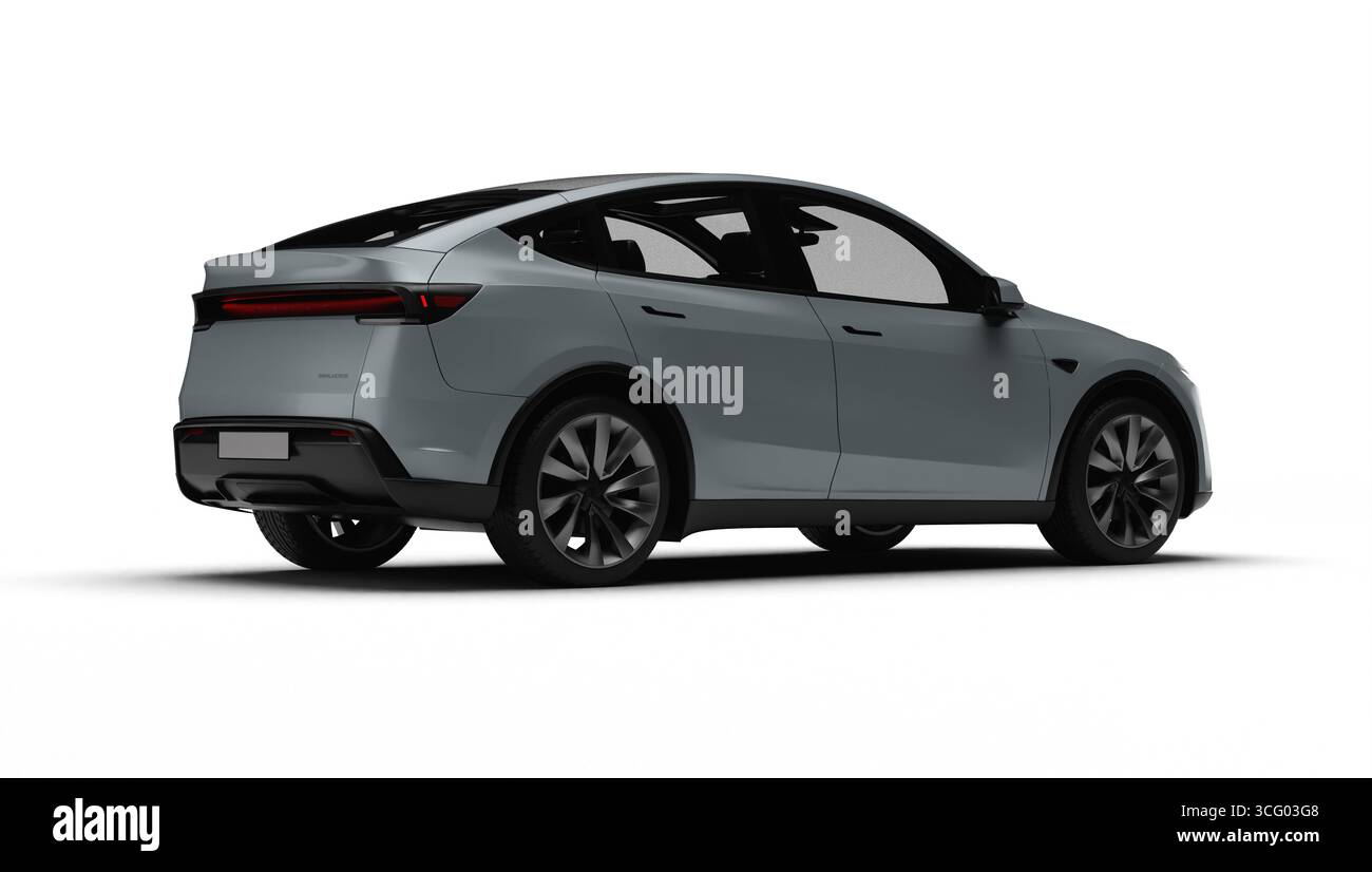 Izmir, Turchia - agosto 25 2025: Rendering 3D realistico di una Tesla Model Y 2025 grigia, leggera vista posteriore destra, sfondo bianco. Foto Stock