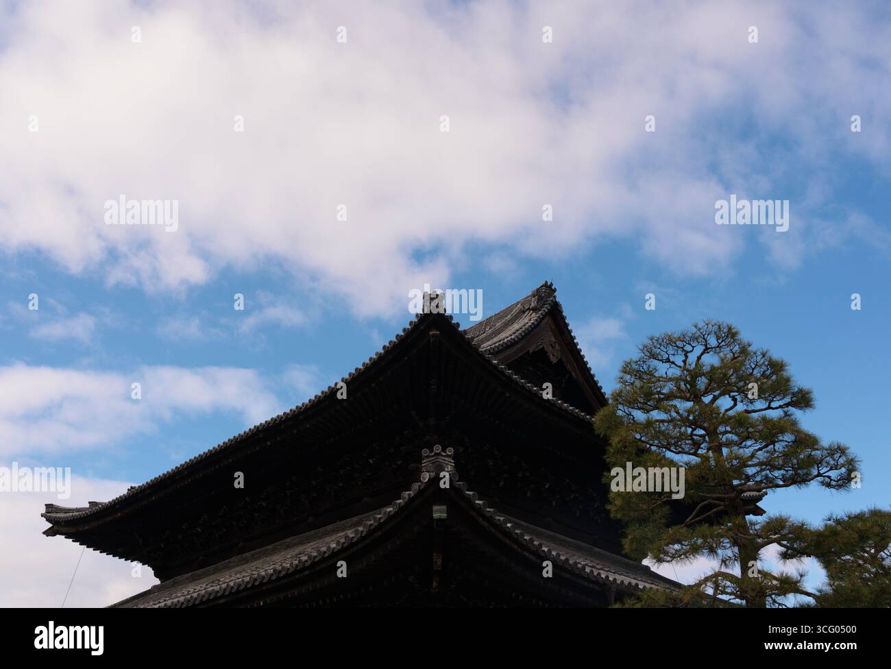 Tetto irimoya-zukuri a più livelli con piastrelle kawara e onigawara dettagliato, incorniciato da un albero di pino sotto il cielo nuvoloso di Kyoto Foto Stock