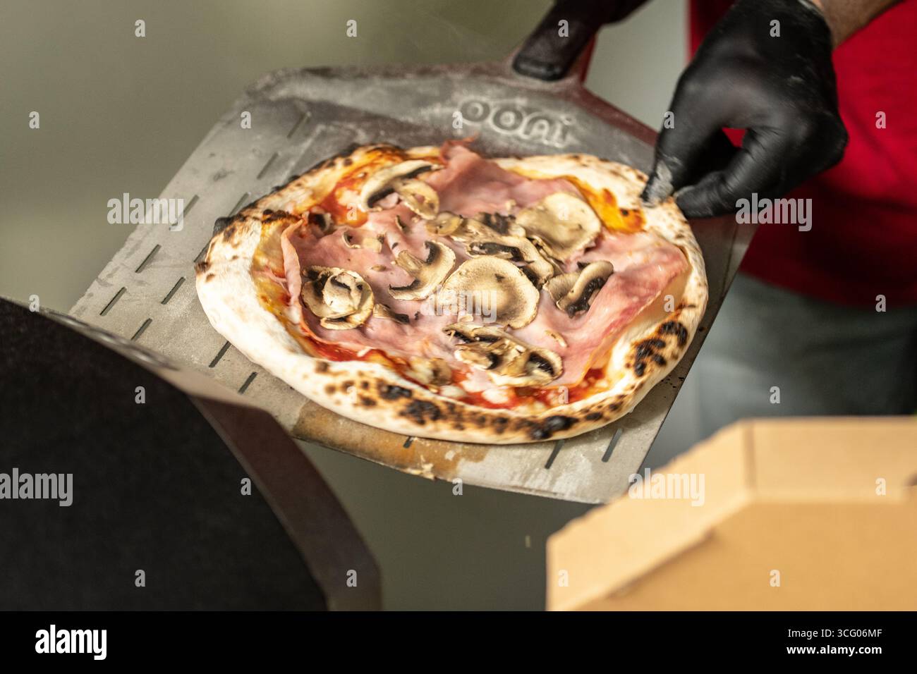 Sollevare una pizza appena sfornata da un forno elettrico utilizzando una buccia per pizza Foto Stock
