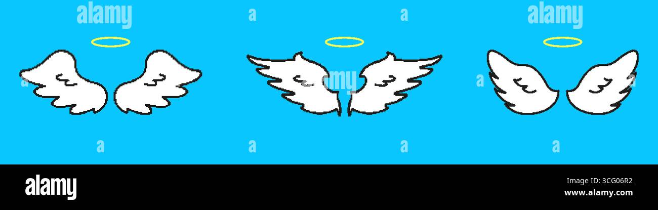 Angel Wings con set di icone pixelate Halo. Pixel Art Symbol Collection di elementi spirituali, Guardiani e Celestiali Wing. Vettore isolato Illustrazione Vettoriale