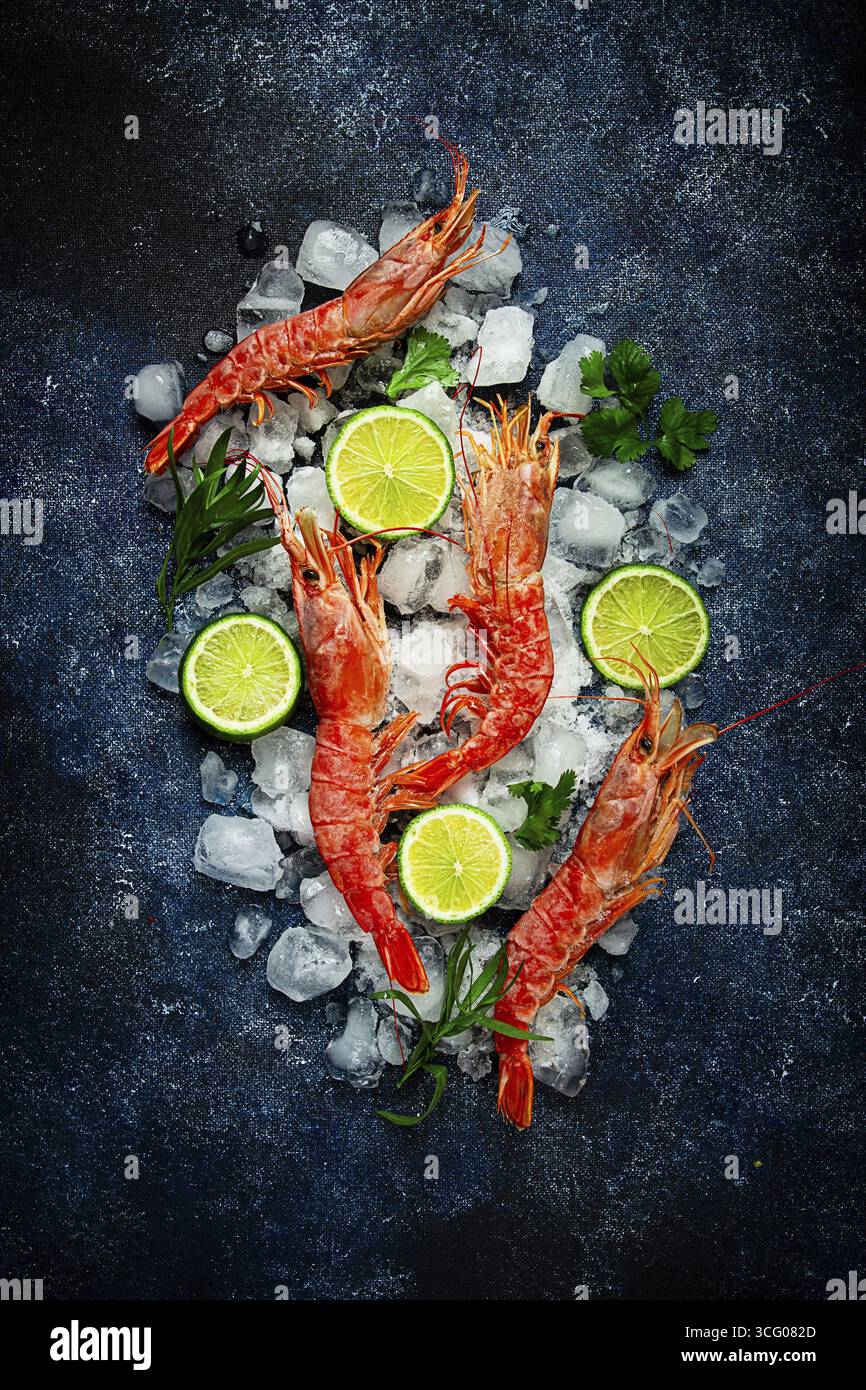 Langoustines, australiano, fresco ghiacciato sul ghiaccio, vista dall'alto, lime e verdi Foto Stock