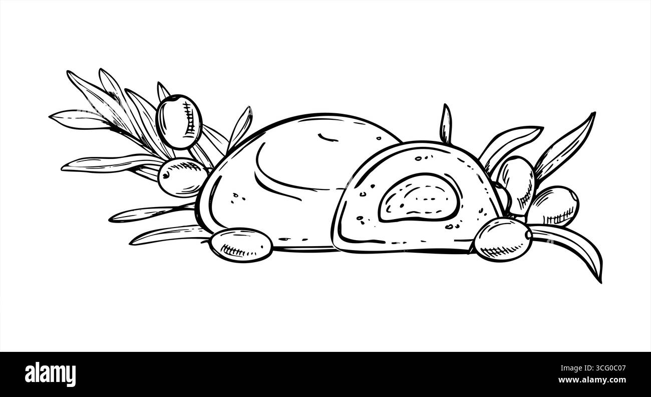 Illustrazione vettoriale delle bacche di spinone marino con mochi giapponesi monocromatici disegnati a mano. Ramo di bacche di torbiera salata del Baltico e arte della linea di caramelle Illustrazione Vettoriale