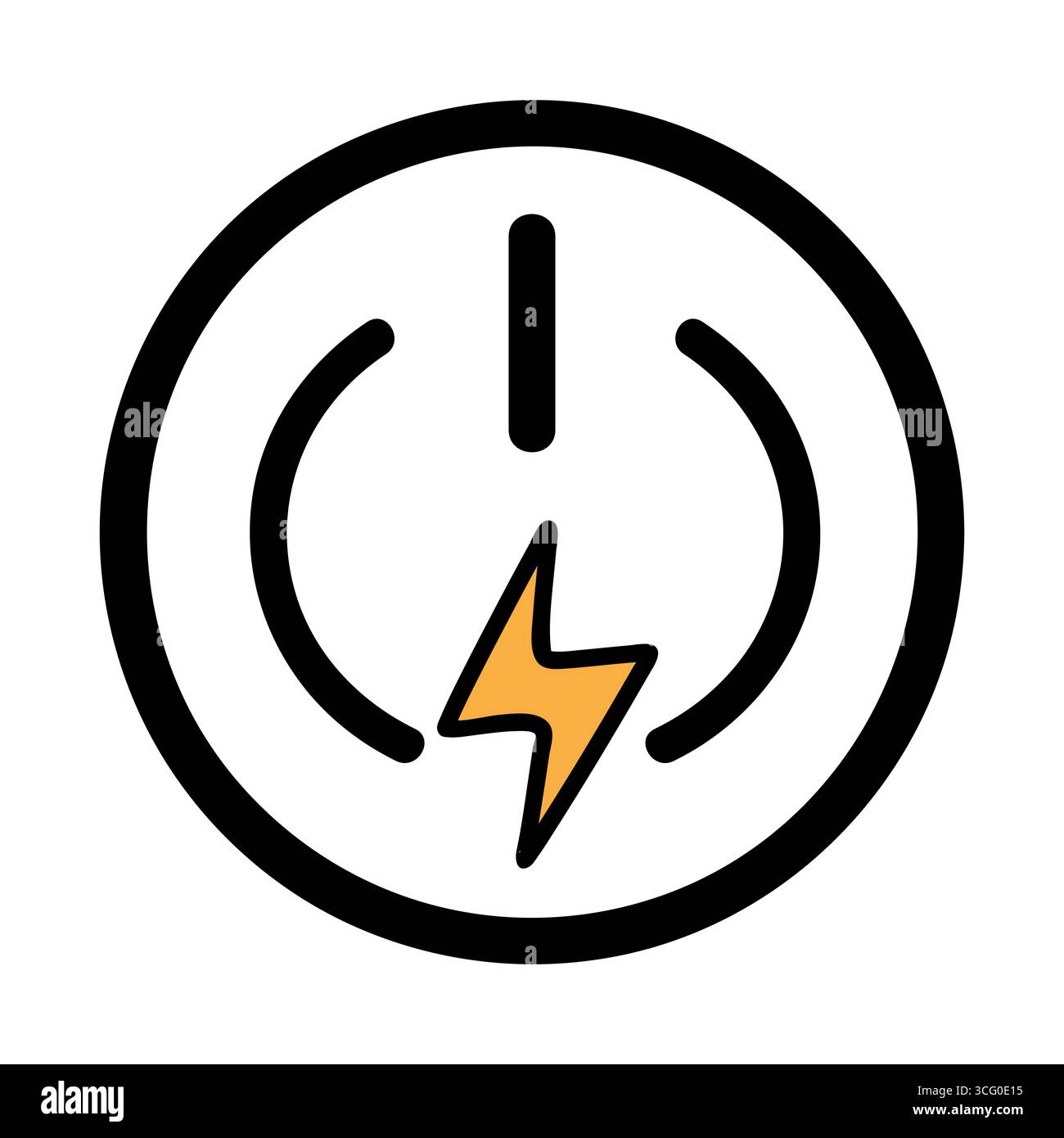 Una semplice icona del pulsante di accensione caratterizzata da un design circolare con un fulmine. L'icona è in bianco e nero e simboleggia un fulmine giallo Illustrazione Vettoriale