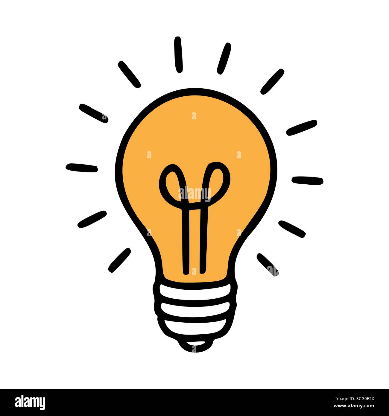 Una semplice illustrazione di una lampadina con raggi emanati da essa. La lampadina è gialla con un design classico, che simboleggia idee e innovazione. Illustrazione Vettoriale
