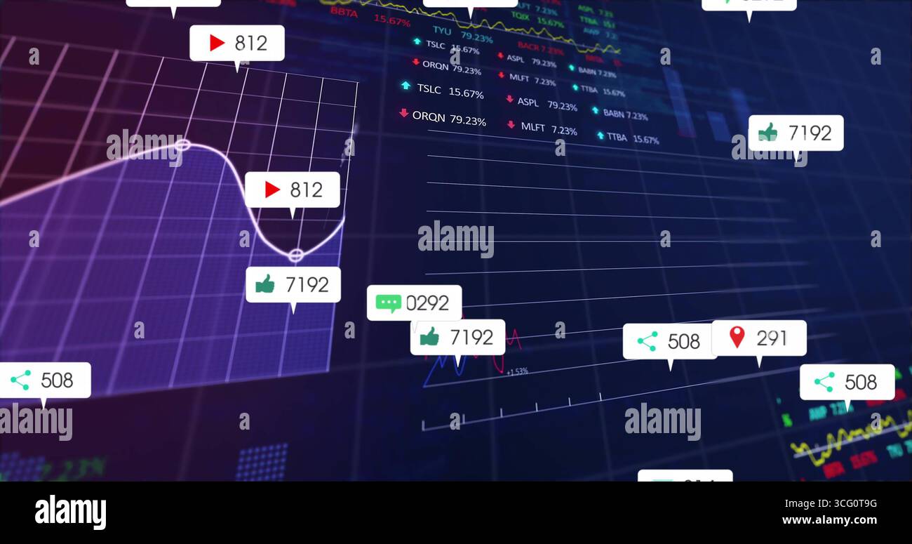 Visualizzazione del dashboard con grafici a linee basati su griglia viola sullo schermo, con icone di coinvolgimento social Foto Stock