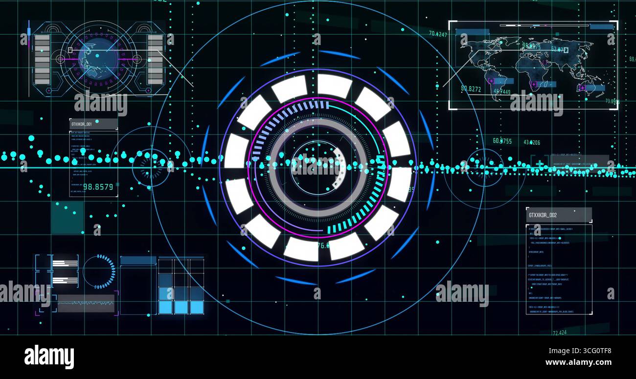 Visualizzazione dell'indicatore olografico centrale HUD sull'interfaccia griglia, con linea dati ottanio e pannello mappa Foto Stock
