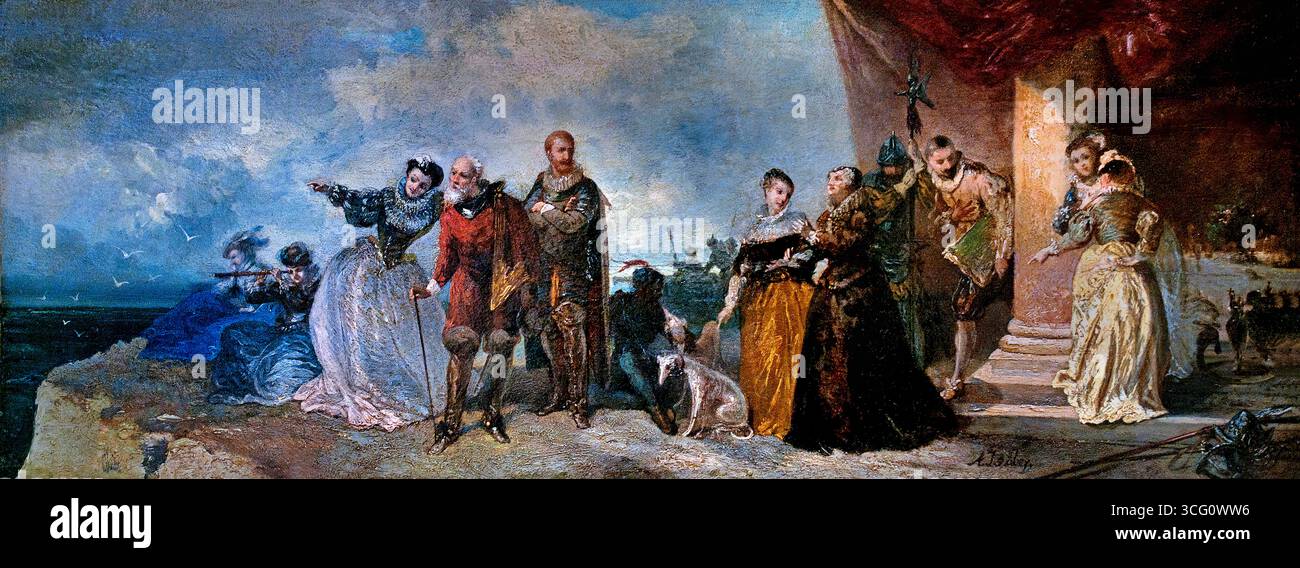 L'arrivo di Maria Stuart di Louis Eugene di Gabriel Isabey 1803-1886 Francia Museo francese di Lille Francia. Maria, regina di Scozia, nota anche come Maria Stuart o Maria i di Scozia, fu regina di Scozia dal 14 dicembre 1542 fino alla sua abdicazione forzata il 24 luglio 1567. L'unica figlia legittima sopravvissuta di Giacomo V di Scozia, Maria aveva sei giorni quando suo padre morì e lei ereditò il trono ) Foto Stock