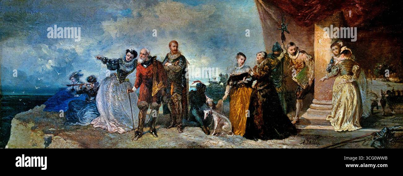 L'arrivo di Maria Stuart di Louis Eugene di Gabriel Isabey 1803-1886 Francia Museo francese di Lille Francia. Maria, regina di Scozia, nota anche come Maria Stuart o Maria i di Scozia, fu regina di Scozia dal 14 dicembre 1542 fino alla sua abdicazione forzata il 24 luglio 1567. L'unica figlia legittima sopravvissuta di Giacomo V di Scozia, Maria aveva sei giorni quando suo padre morì e lei ereditò il trono ) Foto Stock