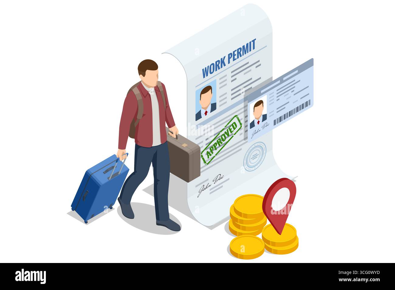 Illustrazione isometrica di un uomo con valigia e passaporto, permesso di lavoro approvato per la migrazione all'estero Illustrazione Vettoriale