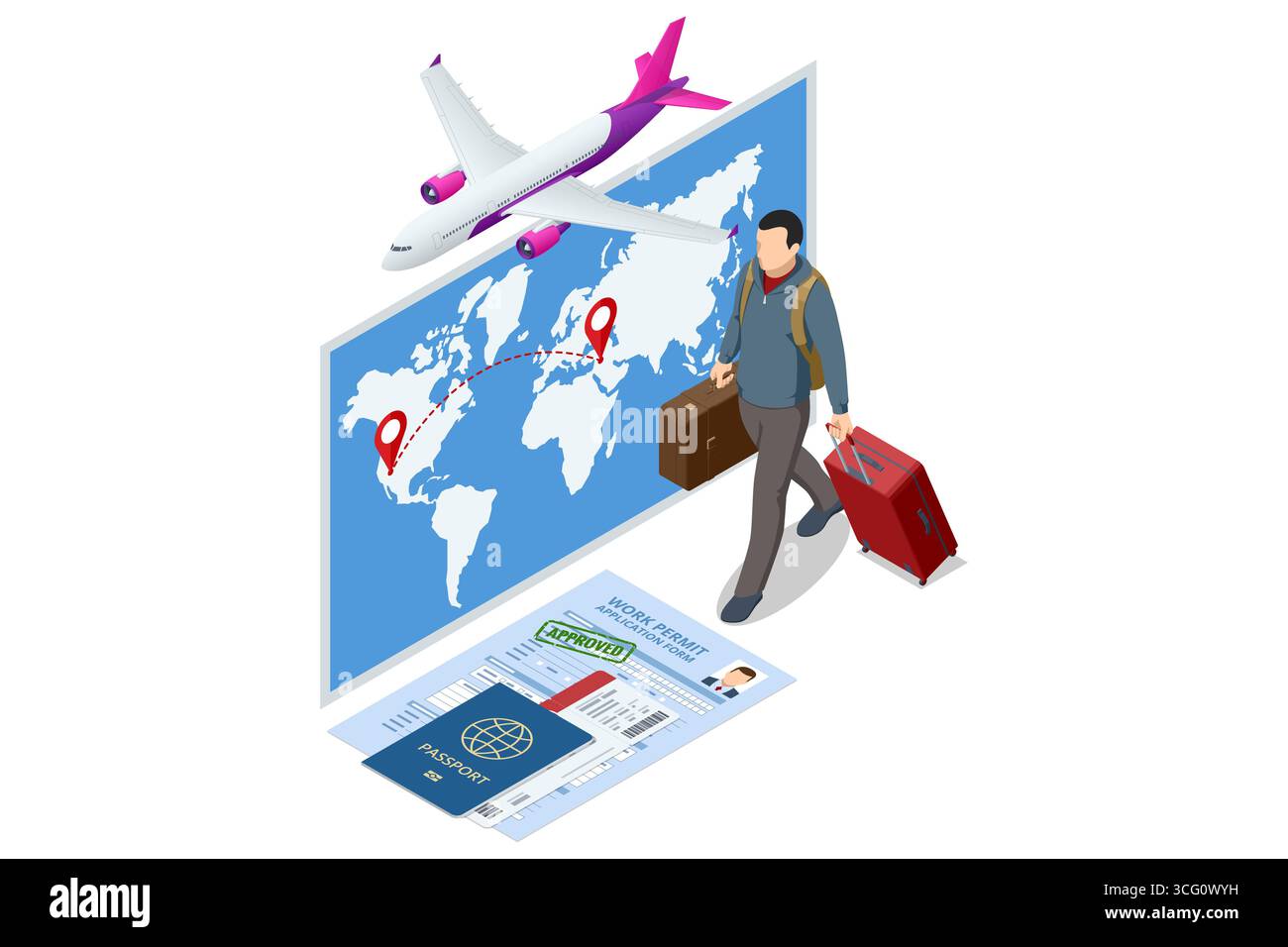 Illustrazione isometrica di un uomo con valigia e passaporto, permesso di lavoro approvato per la migrazione all'estero Illustrazione Vettoriale