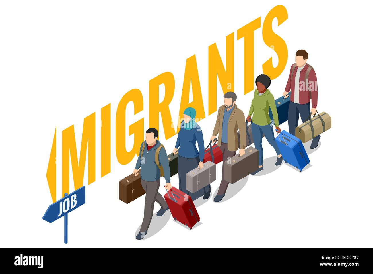 Illustrazione isometrica di un gruppo di migranti con bagagli che si spostano all'estero per opportunità di lavoro. Illustrazione Vettoriale