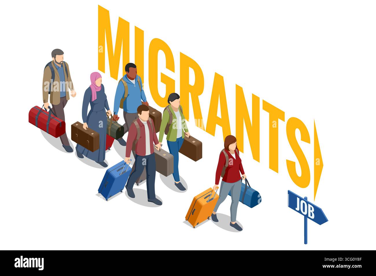 Illustrazione isometrica di un gruppo di migranti con bagagli che si spostano all'estero per opportunità di lavoro. Illustrazione Vettoriale