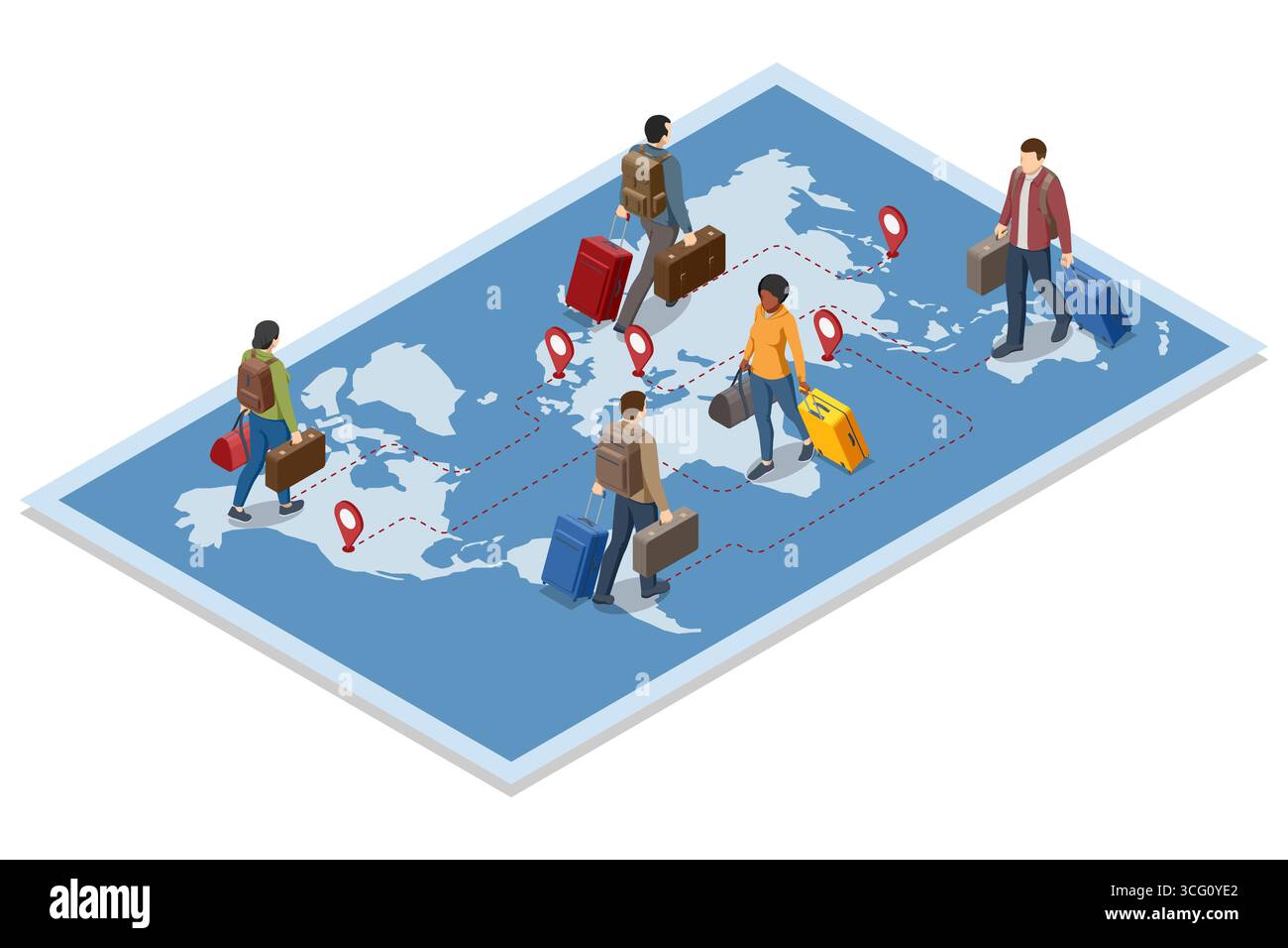 Illustrazione isometrica di un uomo che viaggia all'estero con passaporto, permesso di lavoro approvato e percorso mappa del mondo. Illustrazione Vettoriale