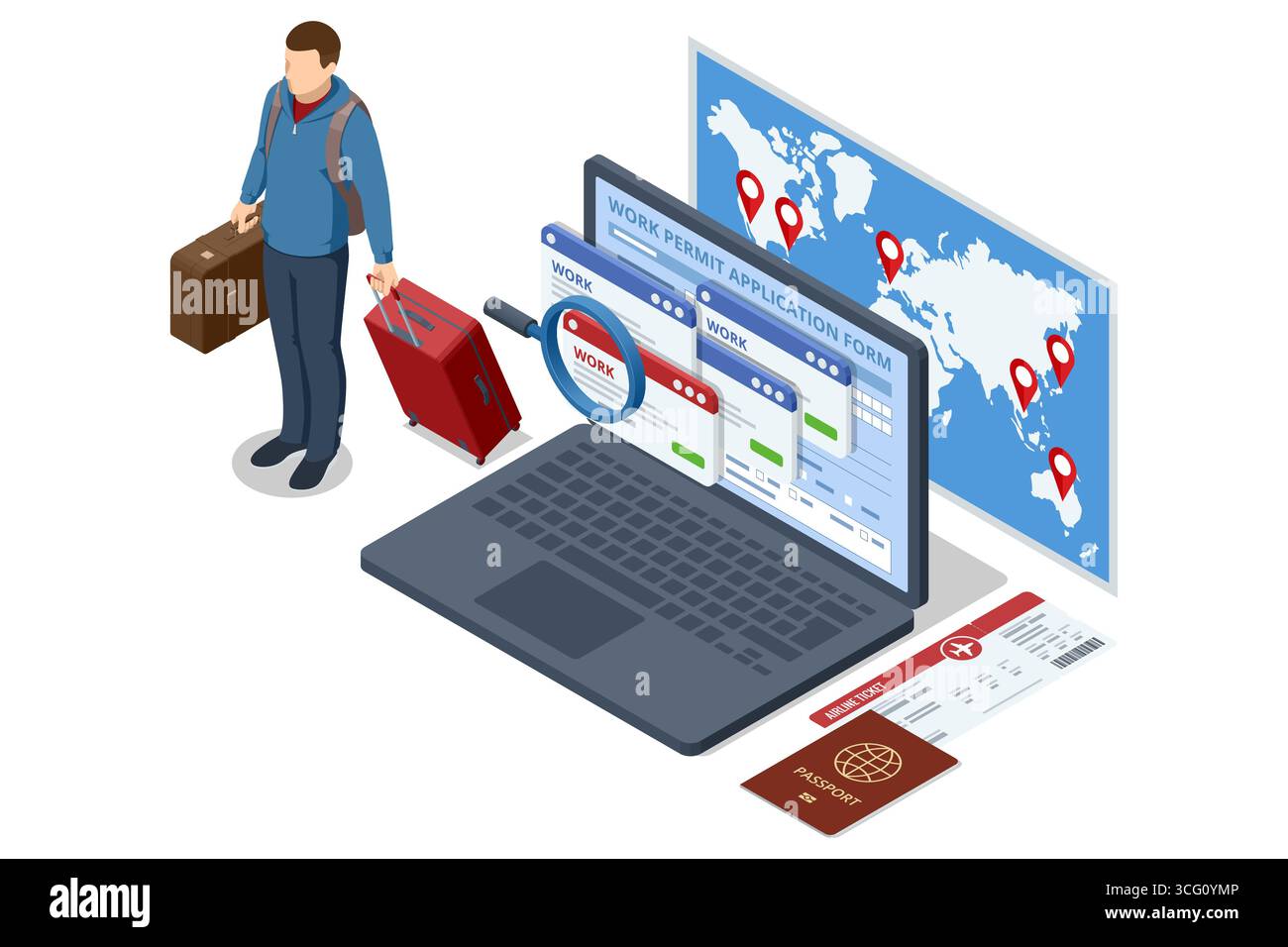 Illustrazione isometrica di un uomo che viaggia all'estero con passaporto, permesso di lavoro approvato e percorso mappa del mondo. Illustrazione Vettoriale