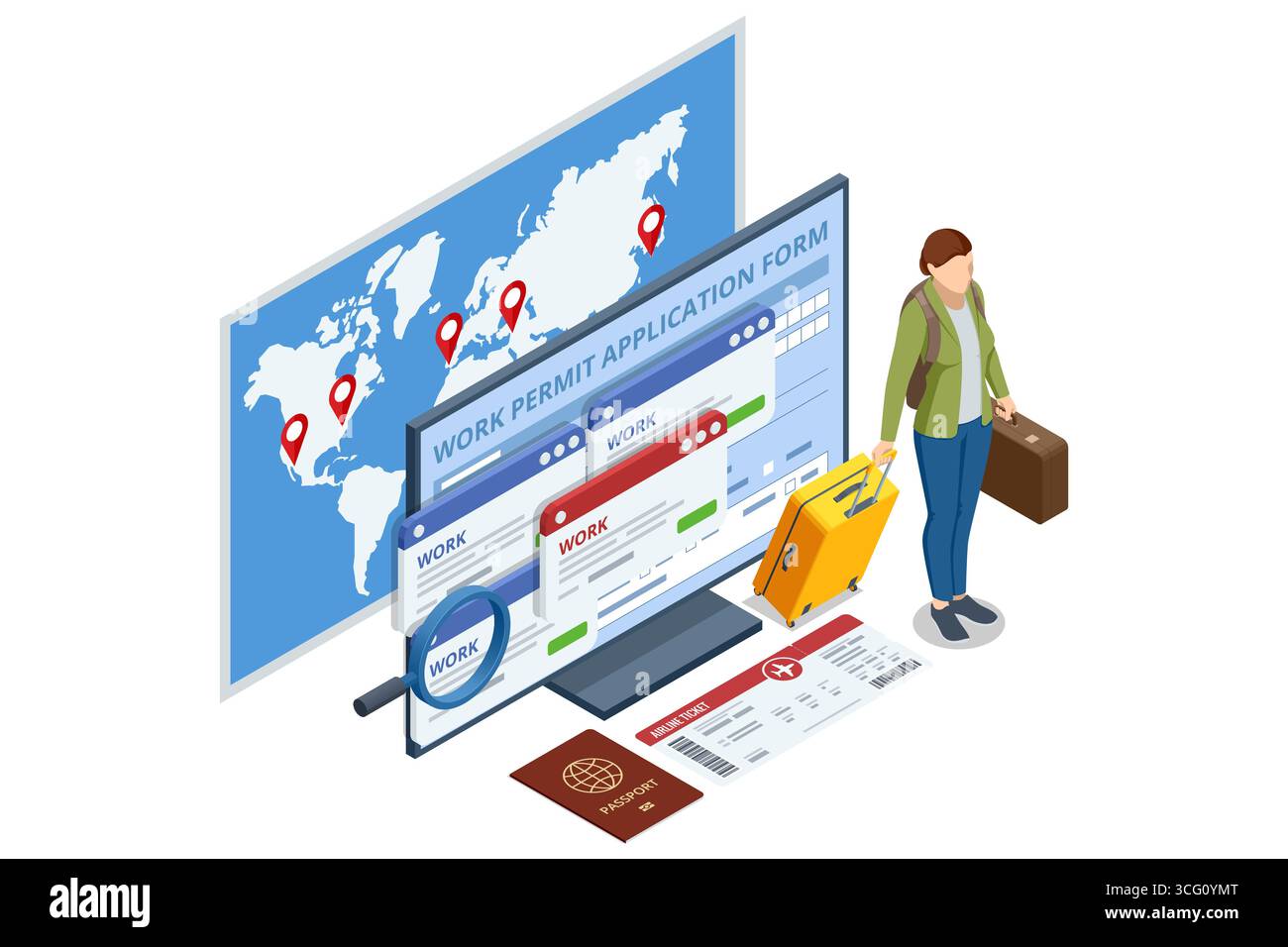 Illustrazione isometrica di un uomo che viaggia all'estero con passaporto, permesso di lavoro approvato e percorso mappa del mondo. Illustrazione Vettoriale