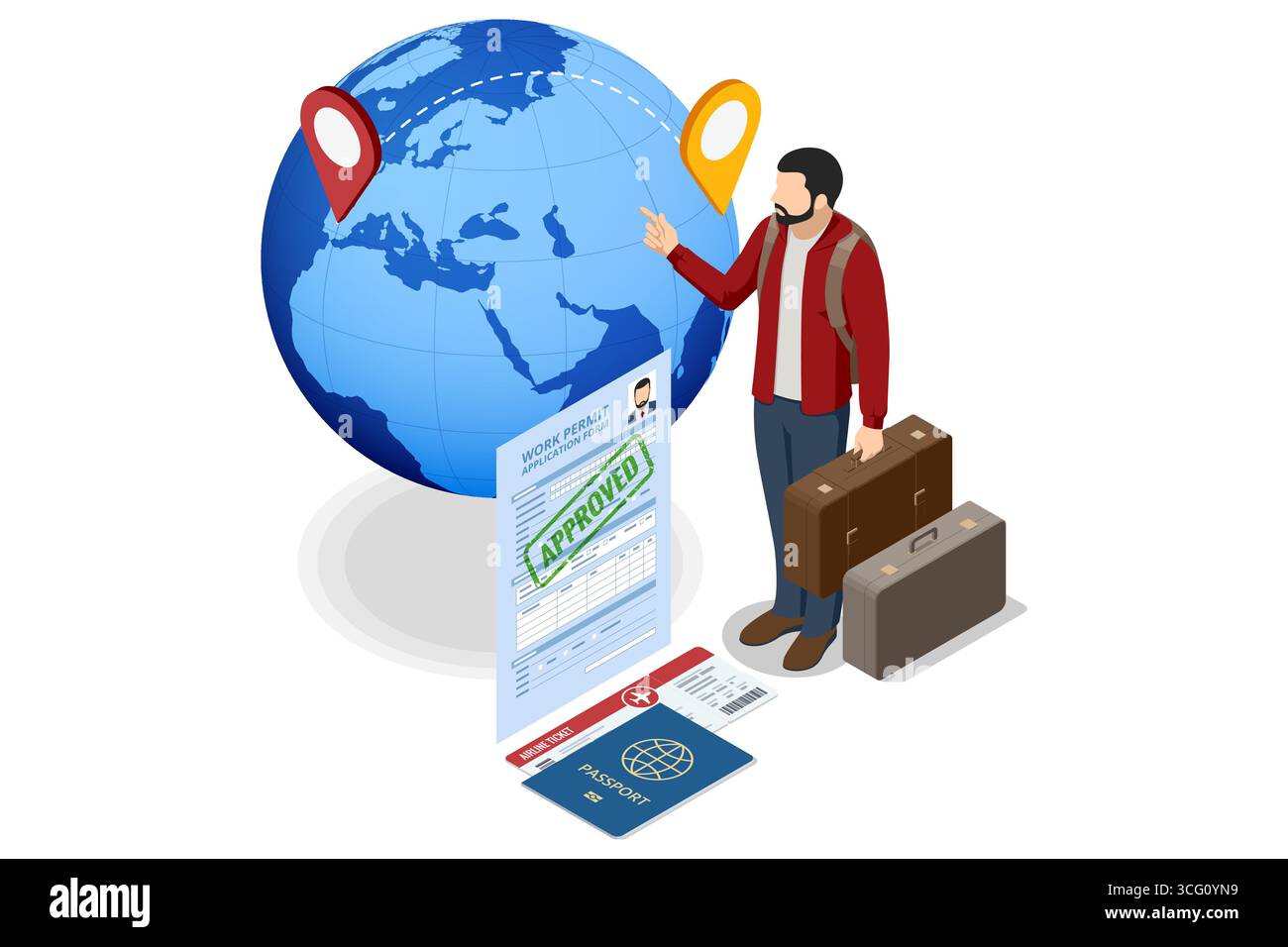 Illustrazione isometrica di un uomo che viaggia all'estero con passaporto, permesso di lavoro approvato e percorso mappa del mondo. Illustrazione Vettoriale