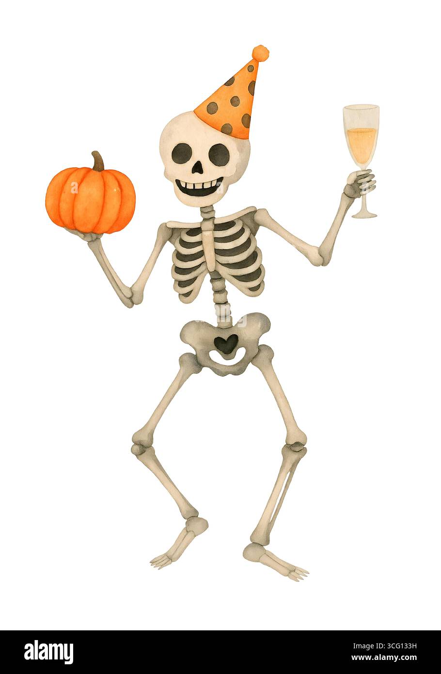 ute Mini Halloween Skeleton Illustration, Spooky Kawaii Skeleton Character Clipart Foto Stock