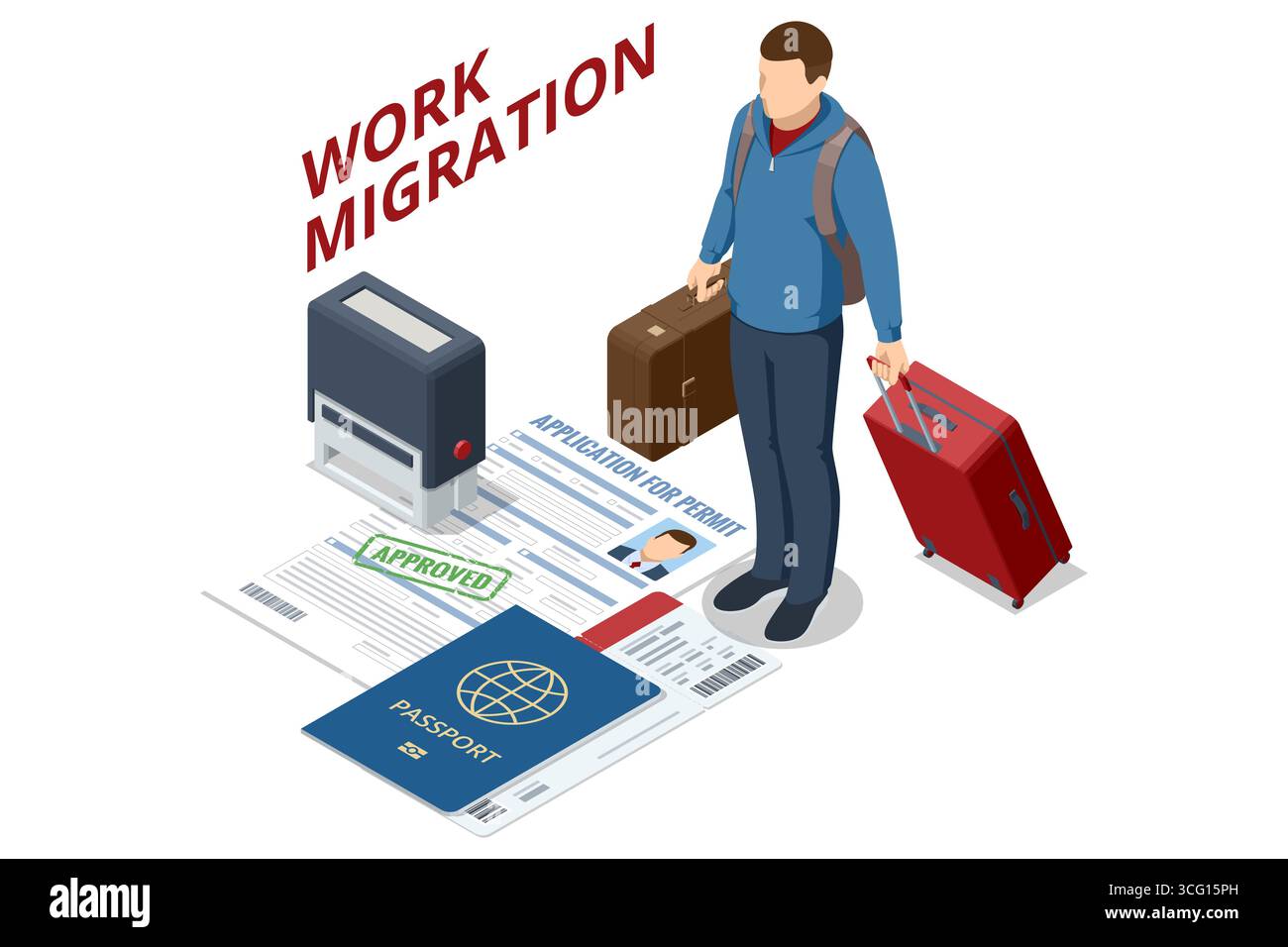 Illustrazione isometrica di un uomo con valigia e passaporto, permesso di lavoro approvato per la migrazione all'estero Illustrazione Vettoriale