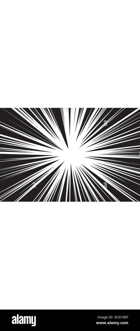 Effetto burst comico con linee dinamiche di velocità nere che irradiano dal centro, impatto ed energia spettacolari. Sfondo esplosivo in stile manga per l'azione Illustrazione Vettoriale