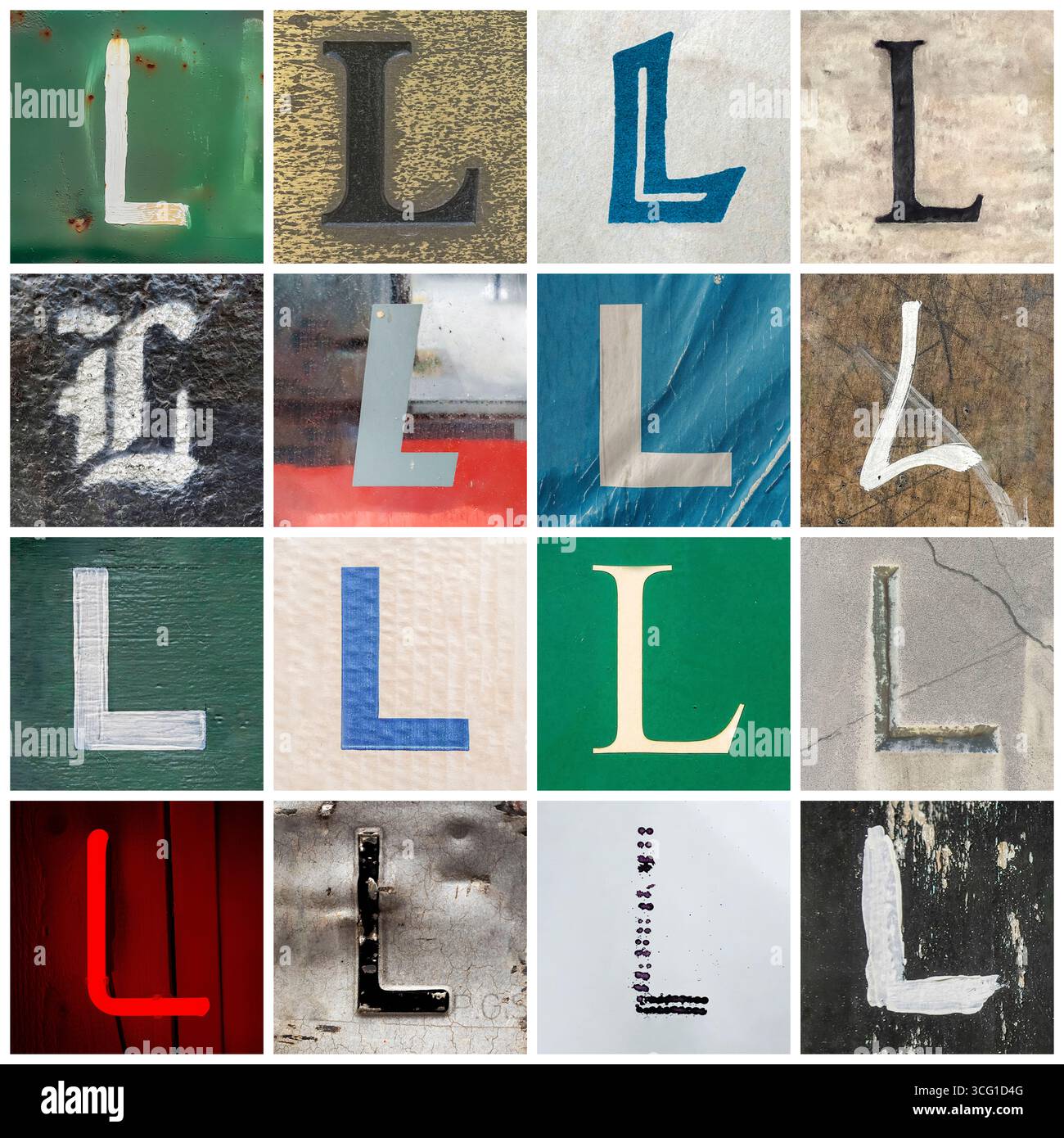Raccolta di 16 lettere maiuscole serif e san serif scattate per le strade urbane Foto Stock