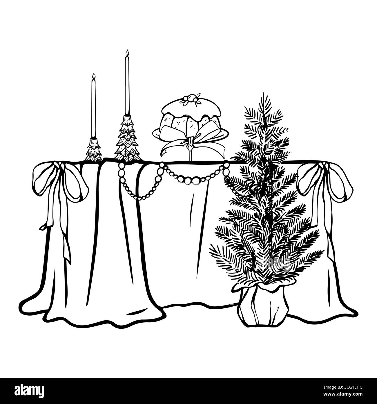 Illustrazione della cena di Natale. Tavola di Capodanno, torta, candele e albero. Composizione natalizia monocromatica su sfondo bianco. Illustrazioni vettoriali per i saluti di Capodanno o gli inviti alle feste. Grafica natalizia vintage. Illustrazione Vettoriale
