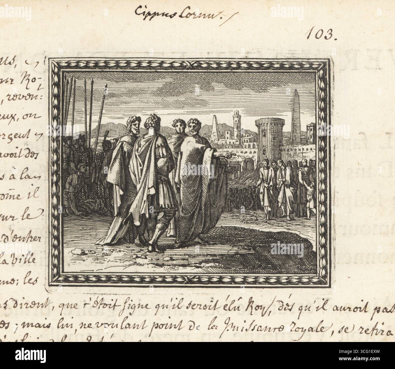 Il pretore romano Cipus con corna alle porte di Roma (Quirino). Cipus sta con senatori, soldati e cittadini su una collina prima della città. Ha rimosso la laurel garland per rivelare la sua testa corna. Cippus Cornu. Incisione Copperplate da Metamorphoses d’Ovide en rondeaux, Metamorphoses di Ovidio, chez Audran, Parigi, 1676. Foto Stock