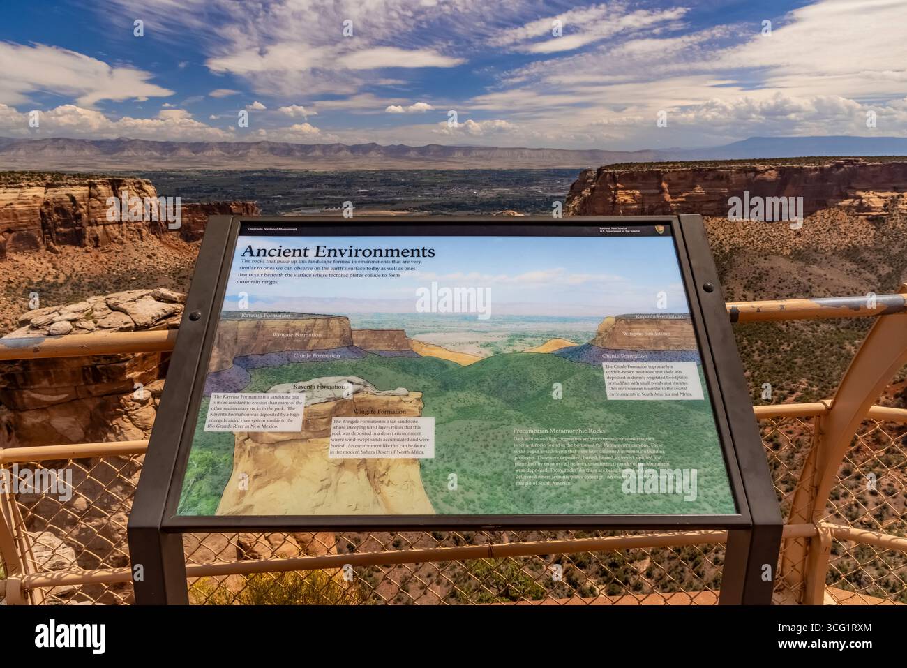Insegna interpretativa degli ambienti antichi presso il Grand View nel Colorado National Monument, Colorado, Stati Uniti [non disponibile; solo licenze editoriali] Foto Stock
