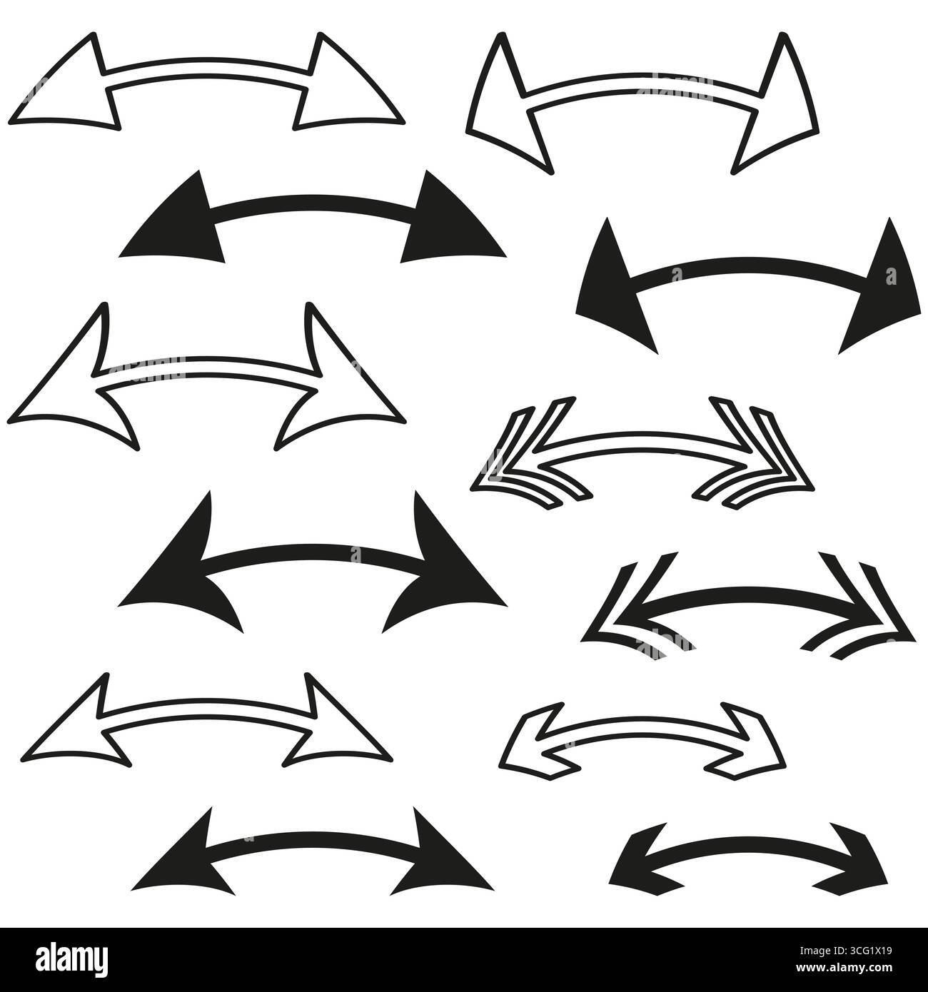 Icona freccia direzionale. Set di simboli a doppia punta. Elementi di navigazione delineati. Illustrazione del movimento vettoriale. Illustrazione Vettoriale